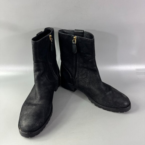 Tory Burch Oakridge Boots Black Pebbled Leather Ankle Booties, Size 8 - Picture 2 of 12